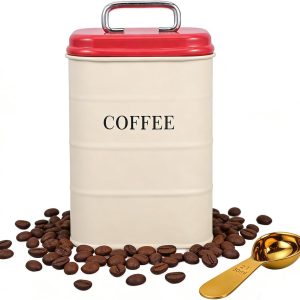 Koffieblik luchtdicht, 1,2 l koffiebonenhouder met 30 ml maatlepel, metalen koffiecontainer voor koffiebonen, koffiepoeder, noten, thee, suiker, meel (rood 1)