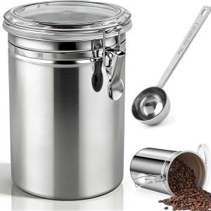 Koffieblik luchtdicht, 1,8 l voorraaddozen van roestvrij staal, koffiebonenhouder met 1 schep voor koffiebonen, koffiepoeder, noten, thee, suiker, meel (zilver)