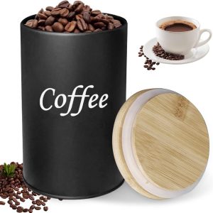 Koffieblik luchtdicht, 500 ml koffiebonenhouder met houten deksel, voorraaddoos koffie rond, koffieblik voor gemalen koffie, koffiecapsules, thee-noten, keukenvoorraaddozen (zwart)
