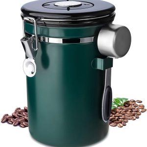 Koffieblik, luchtdicht koffieblik van roestvrij staal, blik voor koffiebonen, met maatlepel, CO2-ventiel en datumweergave, voor koffiebonen, gemalen koffie, noten, suiker, granen, 1,8 l, groen