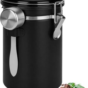 Koffieblik luchtdicht met deksel, 1,8 l, koffiebonencontainer van roestvrij staal met uitlaatventiel, maatlepel en datumweergave, koffiebonen, opslag voor bonen, thee, meel (zwart)