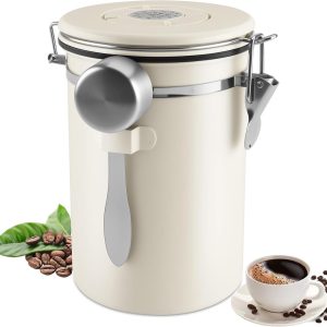 Koffieblik luchtdicht roestvrij staal 304, 1,8 l koffiebonen houder met roestvrijstalen lepel en tijdregistratieopslag, vacuüm koffieblik voor thee, noten, cacao, langer en vers blijven