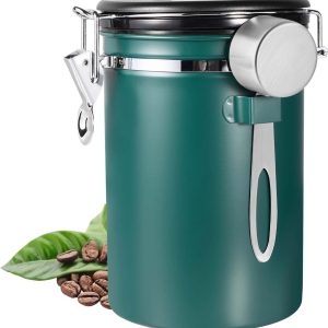 Koffieblik luchtdicht van roestvrij staal 1,8 l, vacuüm koffiepot, koffiebonenhouder met roestvrijstalen lepel en tijdregistratie, voor thee, noten, cacao, langer en vers blijven