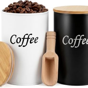 Koffieblikjes luchtdicht (zwart en wit), 1000 ml metalen container met 2 houten koffielepels en bamboedeksel, luchtdichte aromadoos voor gemalen koffie, koffiepoeder, thee en specerijen