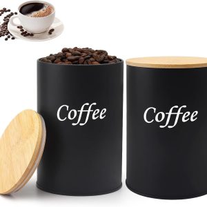 Koffieblikken luchtdicht 500ml, koffiebonenreservoir 1 kg bonen met bamboe deksel, vacuüm koffieblik voor gemalen koffie, koffiecapsules, theebewaarkeuken (zwart)