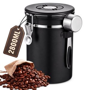 Koffiebonen Bewaarpot 2,8L RVS Luchtdichte Voorraadbus met Eenrichtingsventiel CO2-Ventiel - Voedselveilig Roestvrij Staal Koffie Container - Voor Bonen & Gemalen Koffie Thee Suiker - Geurvrij Aromabestendig - Zwart Rond Design - Keuken Café