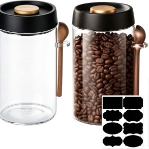Koffiebonen container: 2 stuks 1200ml vacuüm koffieblik, koffieblik luchtdicht met zwart PVC label, witte marker, koffieblik voor keuken en kantoor