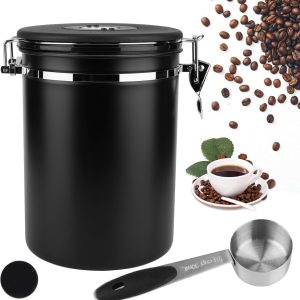 Koffiebus luchtdicht, 2,8 l koffiebonencontainer van roestvrij staal, 1 kg bonen, vacuüm koffiebus, luchtdichte roestvrijstalen koffiebus met CO2-ventiel, maatlepel (zwart-2,8 l)