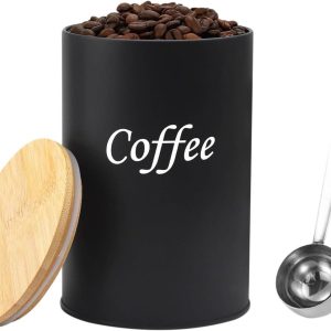 Koffiebus luchtdicht, 500 ml koffiebonencontainer met lepel, ijzeren koffiebus met houten deksel, koffiebonen opslag, voorraadcontainer voor thee, noten, cacao, suiker (zwart)