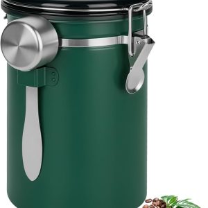 Koffiebus luchtdicht met deksel, 1,8 l, koffiebonencontainer van roestvrij staal met uitlaatventiel, maatlepel en datumweergave, koffiebonen, opslag voor bonen, thee, meel (groen)