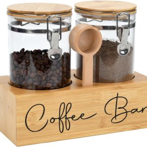 Koffiebus set met bamboe plank en lepel - 2 luchtdichte containers (1,4 liter elk) voor koffiebonen, gemalen koffie, suiker, meel - borosilicaatglas en bamboe deksel met siliconen