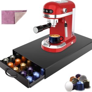 Koffiecapsulehouder, capsulelade, capsuledispenser met antislipoppervlak voor Nespresso-capsules, koffiecapsuleopslag van 45 capsules voor keuken, kantoor, voorzien van 1 schoonmaakdoekje