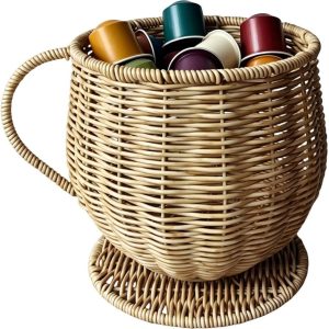 Koffiecup Houder - Opberger Bekervormig - Aanrecht Organiseren - Warm Geweven Ontwerp - 17.5x17.5x18cm - Abrikoos