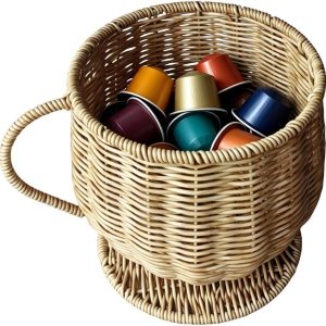 Koffiecup Houder - Opberger Koffiepads - Keuken Organiseren - Stijlvol Geweven Design - 17.5x17.5x18 cm - Abrikoos