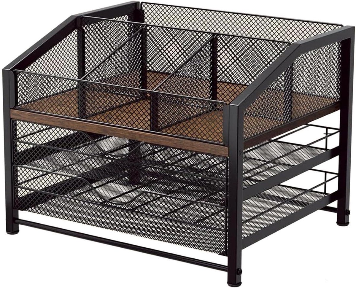 Koffiecups Houder - Opbergrek Lade - Koffiebar Organizer - Verticale Opslag - 37x30x28cm - Hout en Zwart