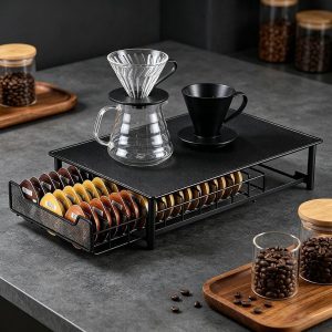 Koffiecups Lade - Koffiepads Organizer - Keuken Organiseren - Uitschuifbare Metalen Draadmand - 42x28x9.5 cm - Zwart