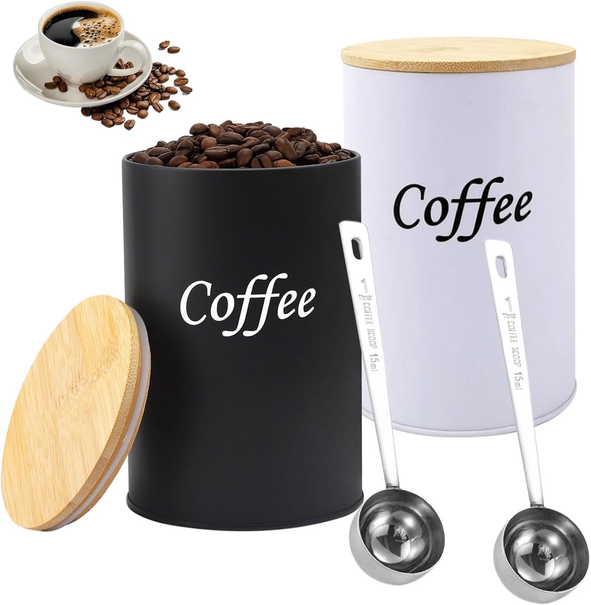 Koffiedoos, 2 stuks 500 ml koffiebonen container met 2 lepels, ijzeren koffieblik met houten deksel, koffiebonen opslag, voor thee, noten, suiker (zwart, wit)