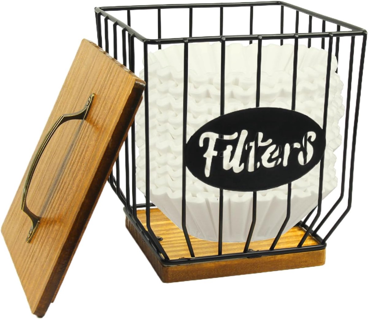 Koffiefilter opslag met deksel, koffiepadhouder met deksel, vierkante koffiefilterdispenser, grote capaciteit, metalen zwarte koffiefilter, opbergmand voor aanrecht
