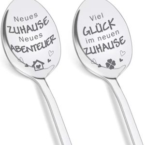 Koffielepel, 2 stuks, roestvrij staal, cadeau voor vrouwen, vrienden, buren, elegante spreuken, 19,5 cm