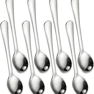 Koffielepel, espressolepel, kleine lepel, theelepel, roestvrij staal, mini-lepel voor de keuken, praktisch en snel, praktische soeplepel, eenvoudig dessert, veelzijdig 7,5 cm, zilver, 8 stuks