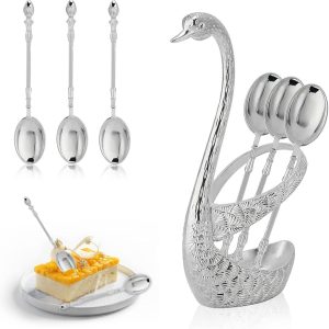 Koffielepel van roestvrij staal met Decoratieve lepelhouder in zwanenvorm, Koffie Theelepels voor desserts, ijscrème, 5,1 inch (zilver)