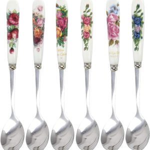 Koffielepel, yoghurtlepel 6 STUKS Lepel met decoratieve porseleinen handgrepen voor bruiloften, Kerstmis, verjaardagen, spiegelglans gepolijst - ideaal voor koffie, keramische handgreep Roestvrijstalen theelepelset