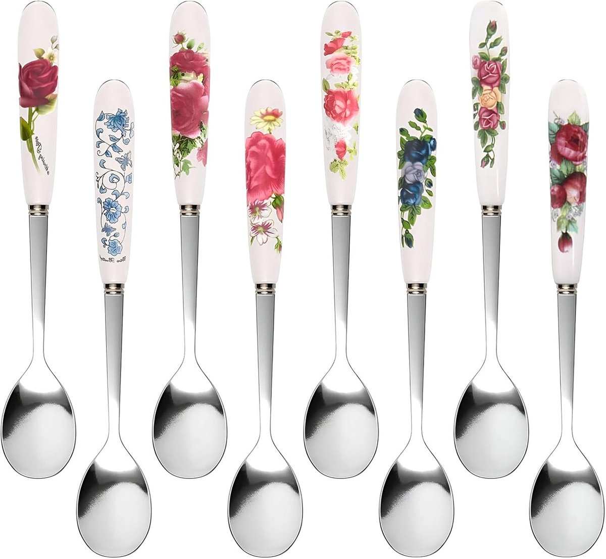 Koffielepel,Forreen 8 Stuks Mooie Bloemenprint Porselein Spiegel Gepolijst Latte Lepel met Porseleinen Handgrepen voor Koffie Dessert Warme Chocolade
