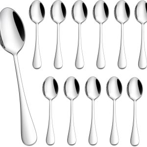 Koffielepels, 12 stuks, roestvrij staal, gepolijst, theelepels, dessertlepels, 13,5 cm, kleine lepelset voor thuis, restaurant, hotel, café, ronde handgrepen & glanzend