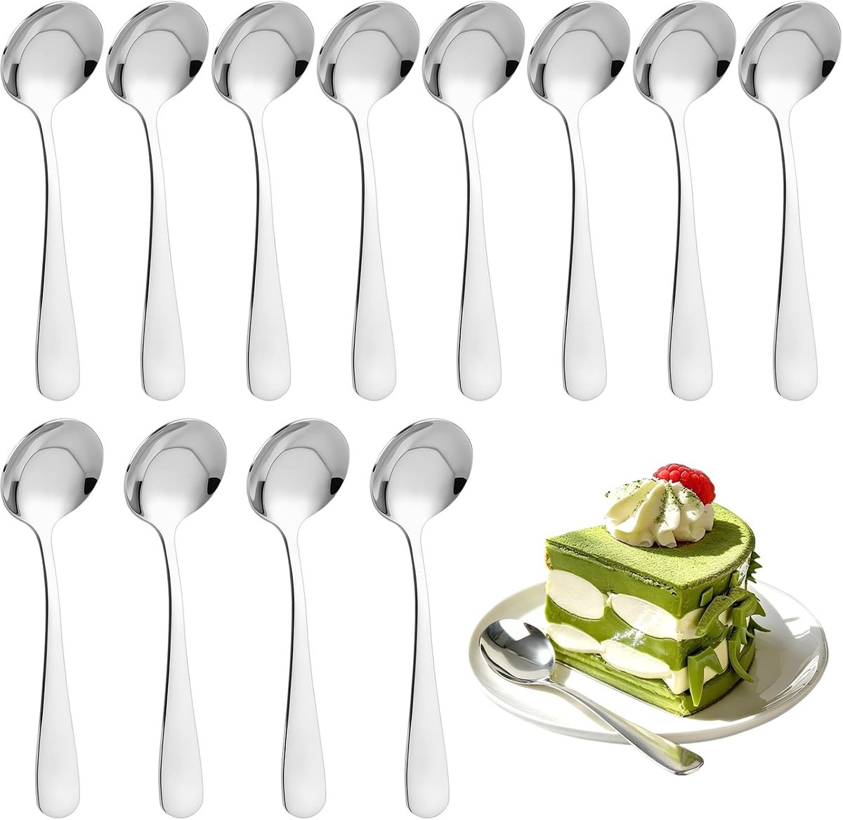 Koffielepels, 12 stuks, roestvrijstalen theelepels, 12,6 cm, spiegelgepolijste dessertlepel, ronde handgrepen, zilveren eetlepels voor huishoudens, restaurants, kantines, vaatwasmachinebestendig