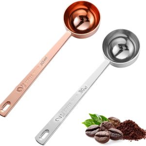 Koffielepels, 2 stuks, 30 ml koffiedoseerlepel, koffielepel met lang handvat, voor thee, koffiedik, bonen, specerijen (zilver + roségoud)