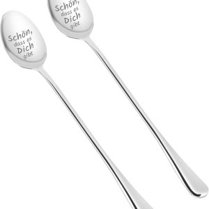 Koffielepels, 2 stuks roestvrijstalen dessertlepels met gravure voor vriend, espressolepels met lange steel voor feesten, gegraveerde espressolepelset voor restaurant, keuken, thuis (zilver)