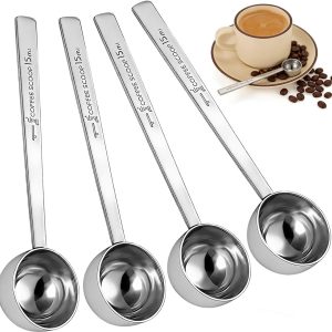 Koffielepels, 4 stuks, 15 ml, koffielepel roestvrij staal, koffielepelood, koffielepelverdeler, herbruikbare koffiedoseerlepels (zilver)