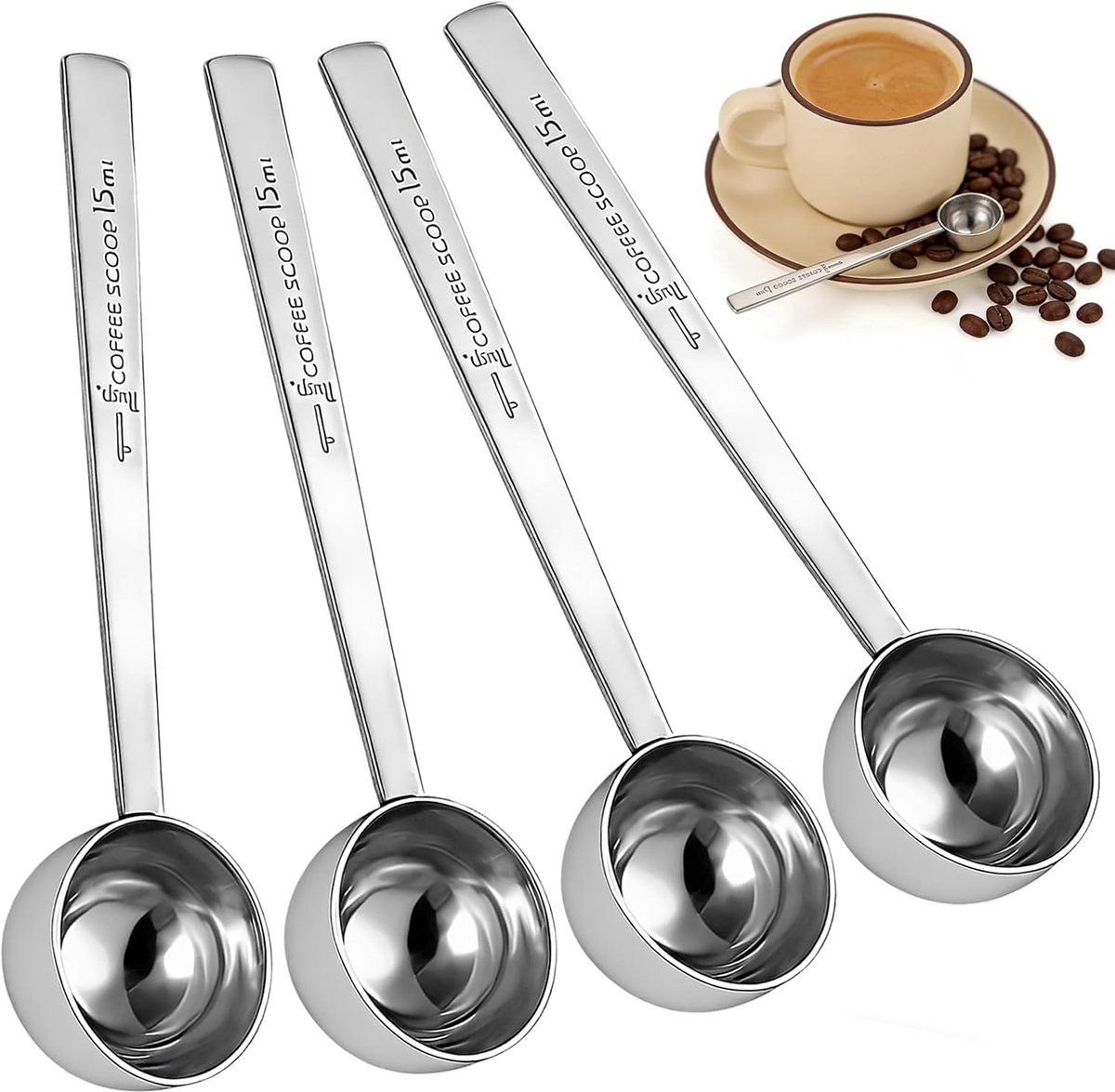 Koffielepels, 4 stuks, 15 ml, koffielepel roestvrij staal, koffielepelood, koffielepelverdeler, herbruikbare koffiedoseerlepels (zilver)