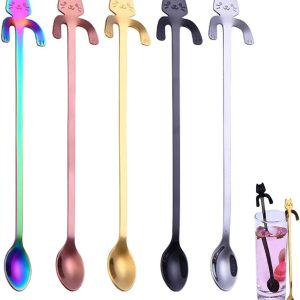 Koffielepels, 5 stuks kat, lange handgreep, theelepels, hangende kop, theelepels, kat, koffielepel, voor theekoffie, dessertmilkshake, keukenhulp (5 kleuren)