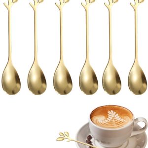 Koffielepels 6 stuks design met bladgoud bijzondere kenmerken van roestvrij staal voor espresso, thee en desserts, elegant cadeau.