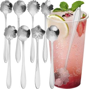 Koffielepels, Roestvrijstalen Koffie Lepels Creatieve Bloemen Theelepeltjes Coffee Scoop Teaspoons Roerlepel Voor Roeren Mengen Thee Soep Suiker Latte Dranken Dessert Jam Ijslepel (Zilver)