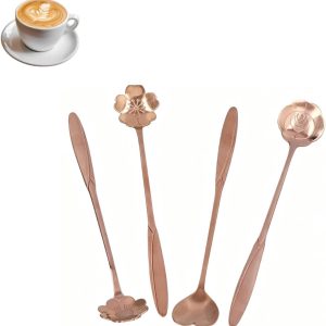 Koffielepels Set, Bloem Theelepel Set Espresso Lepels voor Koffie, Dessert, Thee, Voorgerecht, 7.1inch(Rose goud)