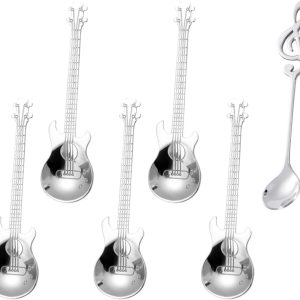 Koffielepels en 1 muzieknotenlepel, interessante muziekdecoratie-geschenklepel, roestvrijstalen muzieknot-dessertlepel voor melkkoffiedesserts (zilver)
