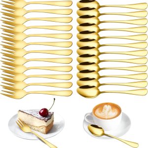 Koffielepels en taartvorken, set van 24 stuks, kleine lepels en vorken, set voor bruiloft, verjaardag, vaatwasmachinebestendig