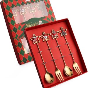 Koffielepels en vorken, 6 stuks roestvrijstalen theelepels dinervorken met hanger, roerlepel theelepel soeplepel voor keuken servies (goud)