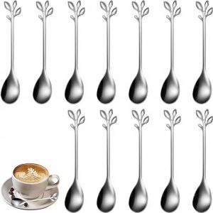 Koffielepels, espresso, kleine dessertlepel van roestvrij staal, koffielepels met bladdesign, voor thuis, koffie en geschenken, zilverkleurig