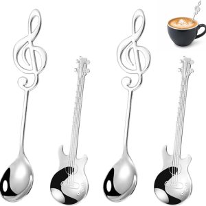 Koffielepels gitaarset, dessertlepels roestvrij staal, decoratieve muzieknot, lattelepel voor thee, melk, koffie, dessert, drank, milkshake