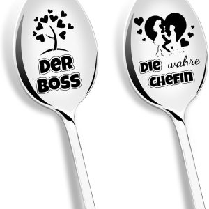 Koffielepels met gravure "Der Boss Die Wahre Chefin", jubileumcadeau voor hem en haar, voor echtgenoot, vrouw, liefdesgeschenken, huwelijksdagcadeaus voor koppels