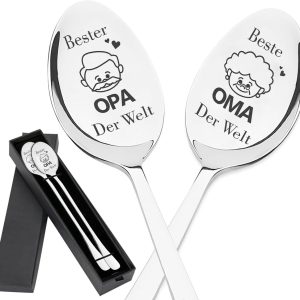 Koffielepels met gravure, beste oma en opa van de wereld, roestvrijstalen koffielepel, voor oma opa, paascadeaus volwassenen, 19,5 cm