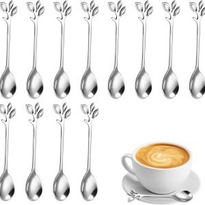 Koffielepels met roestvrijstalen bladeren, speciale koffielepel, koffielepels met takdesign, roerlepel voor thee, koffie, desserts (zilver)