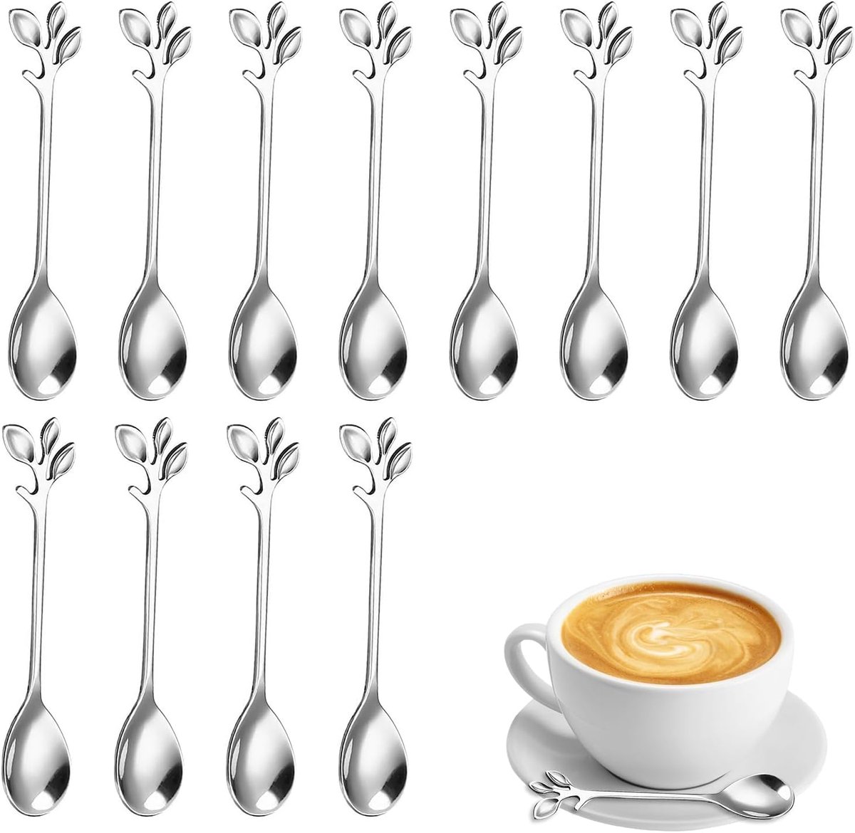 Koffielepels met roestvrijstalen bladeren, speciale koffielepel, koffielepels met takdesign, roerlepel voor thee, koffie, desserts (zilver)