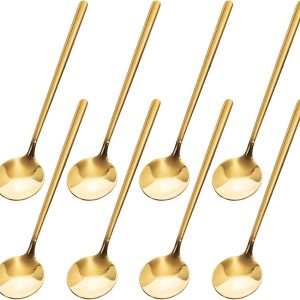 Koffielepels roestvrij staal, 8 stuks, 13 cm, kleine lepels, dessertlepel, ijslepel, theelepel, mokkalpel, ronde roerlepel voor thuis, keuken, café, dessert, winkel, bar, goud