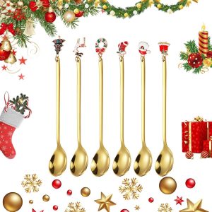 Koffielepels, roestvrij staal, dessertlepel met kersthanger, kerstlepel met geschenkdoos (goud)