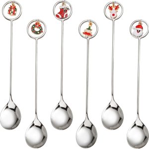 Koffielepels roestvrij staal roerlepel met kersthangers koffie kerstlepels dessert theelepels voor kerstfeest servies decoraties geschenkverpakking (A)