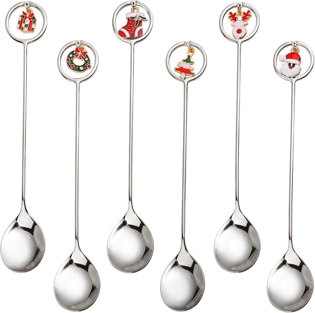 Koffielepels roestvrij staal roerlepel met kersthangers koffie kerstlepels dessert theelepels voor kerstfeest servies decoraties geschenkverpakking (A)